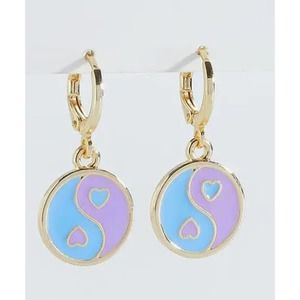 Blue Purple Mini Heart Ying Yang Charm Hoop Earrings